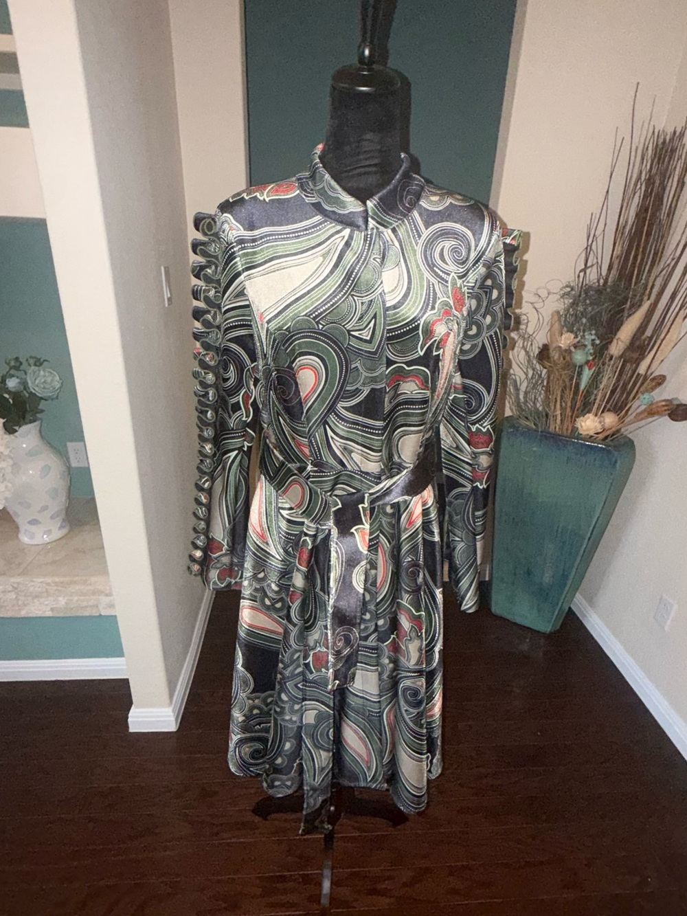 CQ by CQ Multicolor Patterned Long Sleeve Coat Dress with Tie Waist
